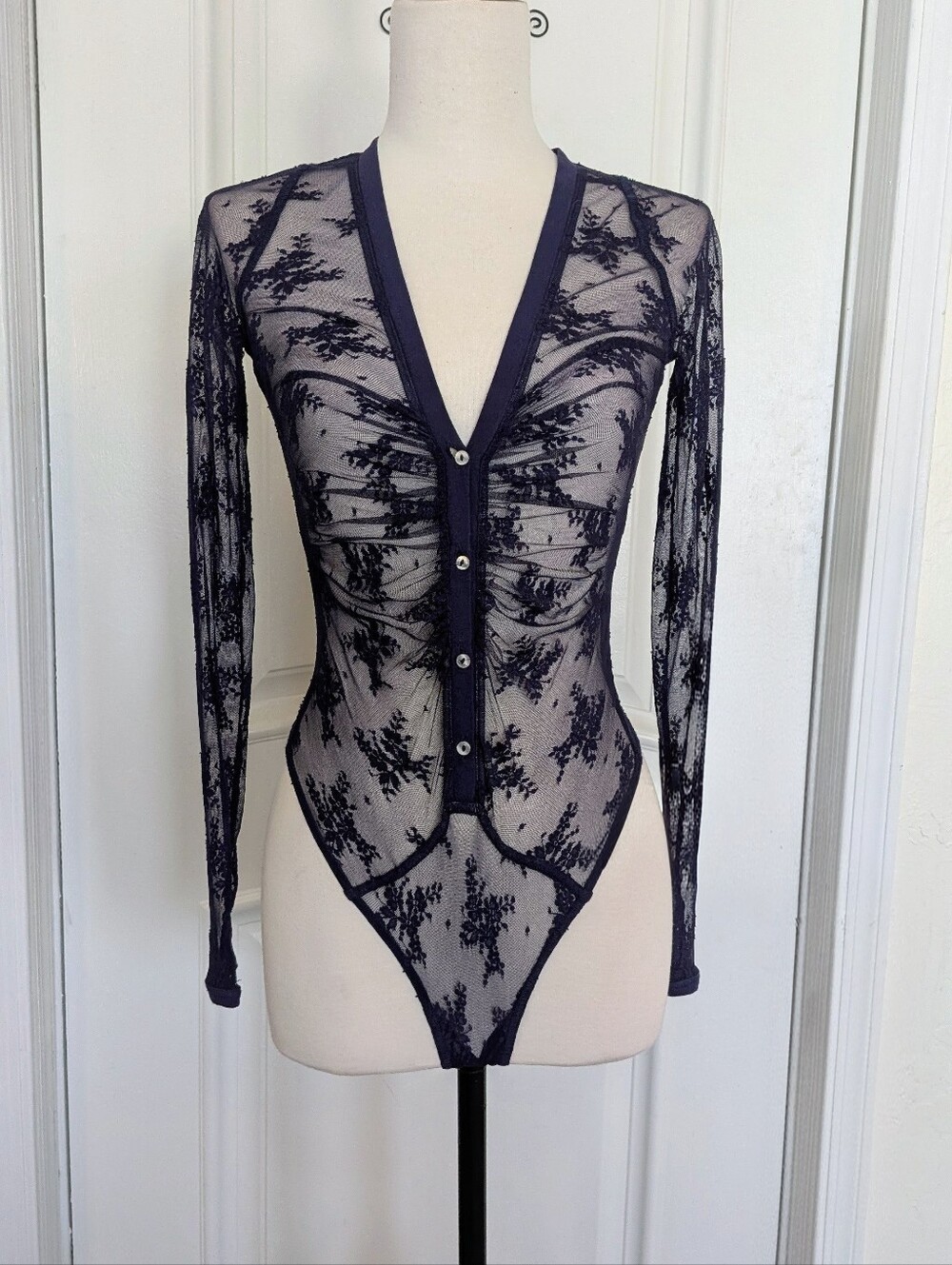 Intimately Free People Blue Sheer Floral Lace Button-Front Long Sleeve Bodysuit